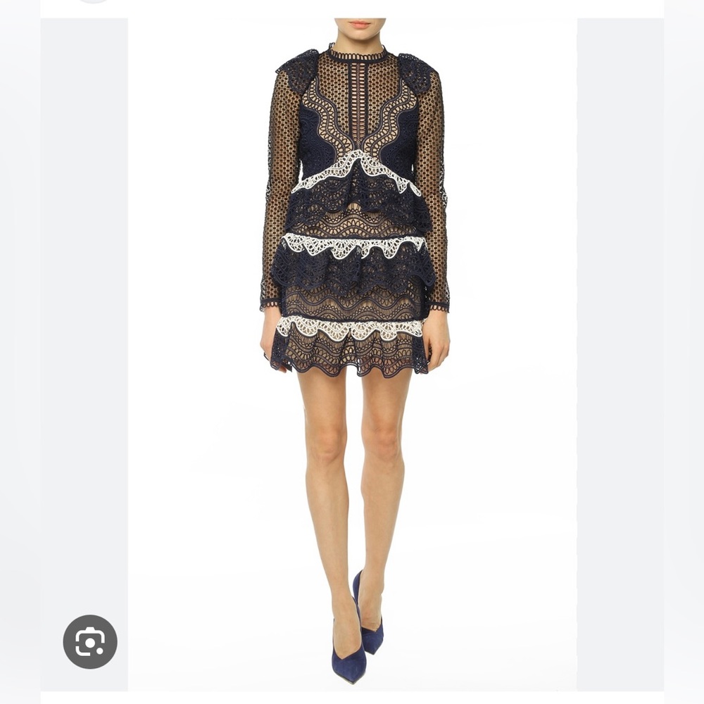 Self-Portrait |navy lace mini dress | Navy Guipure Lace